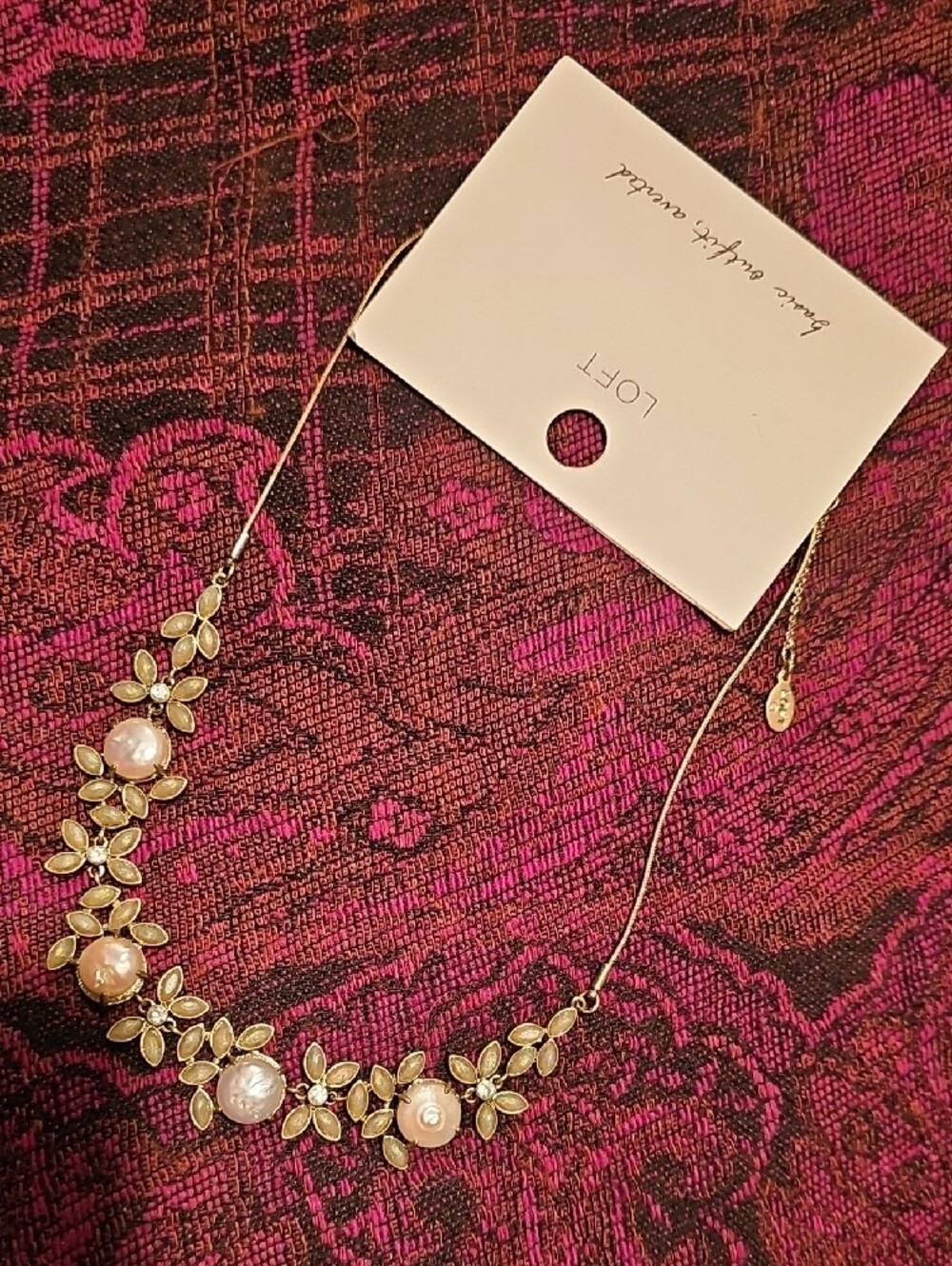 LOFT Gold-Tone Floral Necklace with Blush Pearls NWT